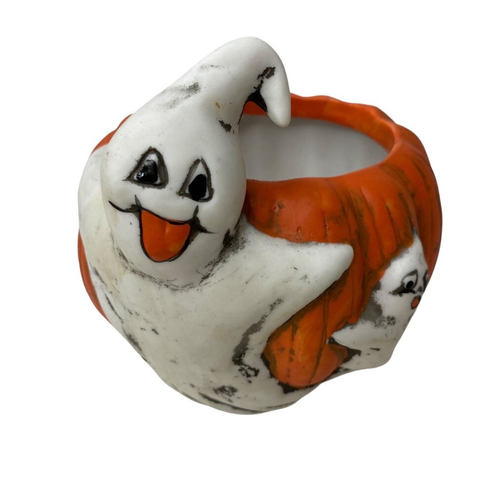 Vintage New Holland Floral Ghost & Pumpkin Ceramic Planter Votive‎ Candy Decor